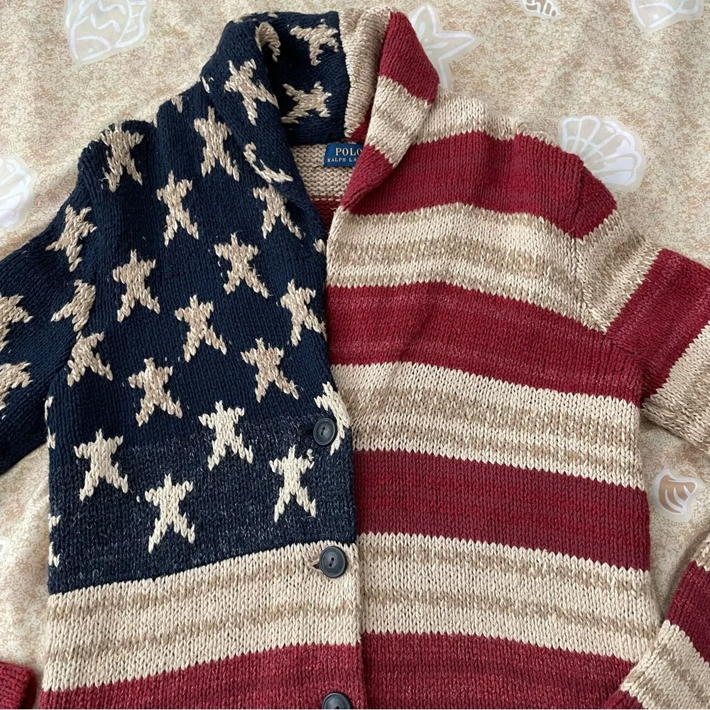 Women’s Polo Ralph Lauren American Flag Chunky Knit Cardigan Sweater Size SP - Picture 3 of 14
